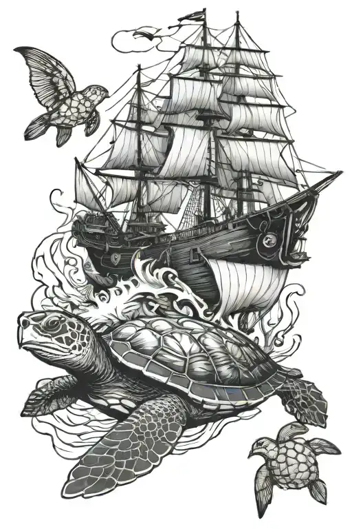 Sea turtle and ship tattoo design idea