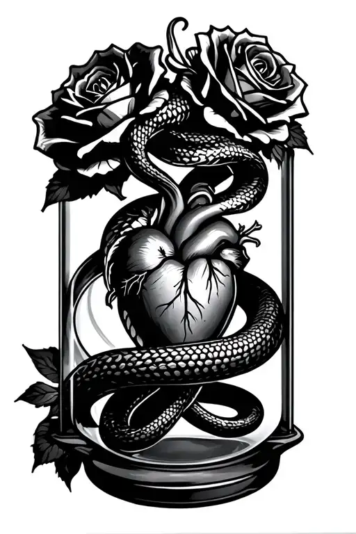 snake and roses wrapped around an hour glass with a human heart in it tattoo design idea