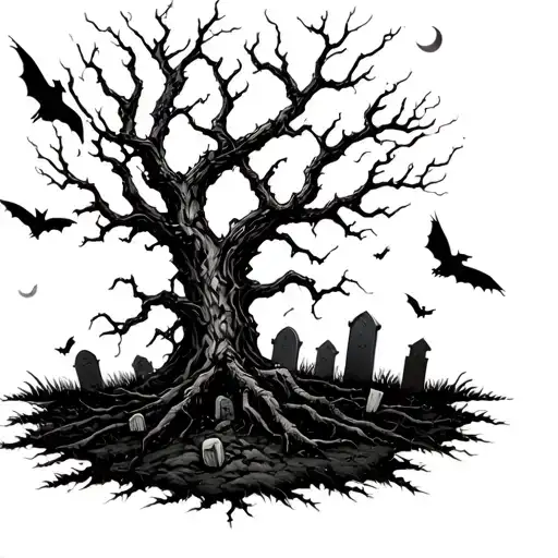 dead poison tree with grave yard at the soil, with bats and crows on it during moonlight  tattoo design idea