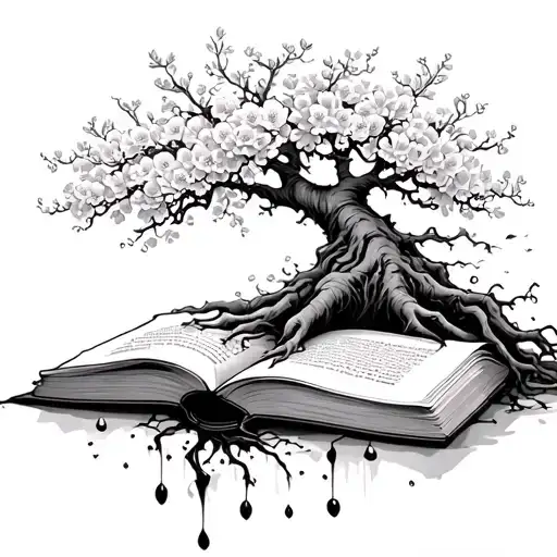 cherry blossom tree and roots coming out a book open tattoo design idea