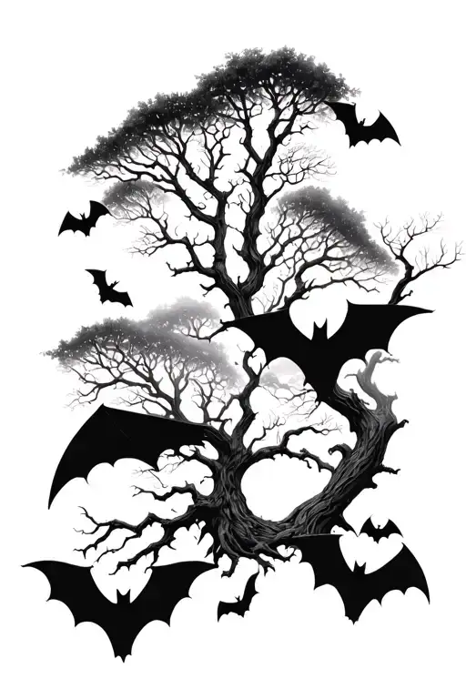 Long leafless tree surrounded by fog and bats tattoo design idea