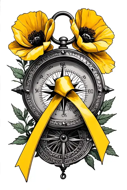 old school compass with yellow ribbon, poppies, canadian dog tags. tattoo design idea