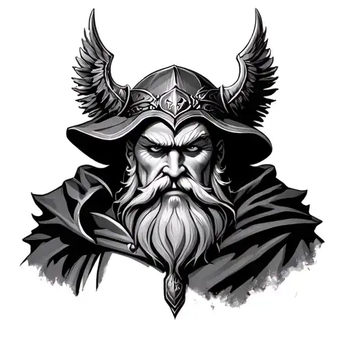 Top of the Arm / Shoulder (Strength and Power)Odin: A detailed portrait of Odin with one eye, a long beard, and a cloak tattoo design idea