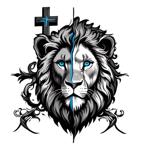 Lion with Jesucrist Cross, half half with blue eye tattoo design idea
