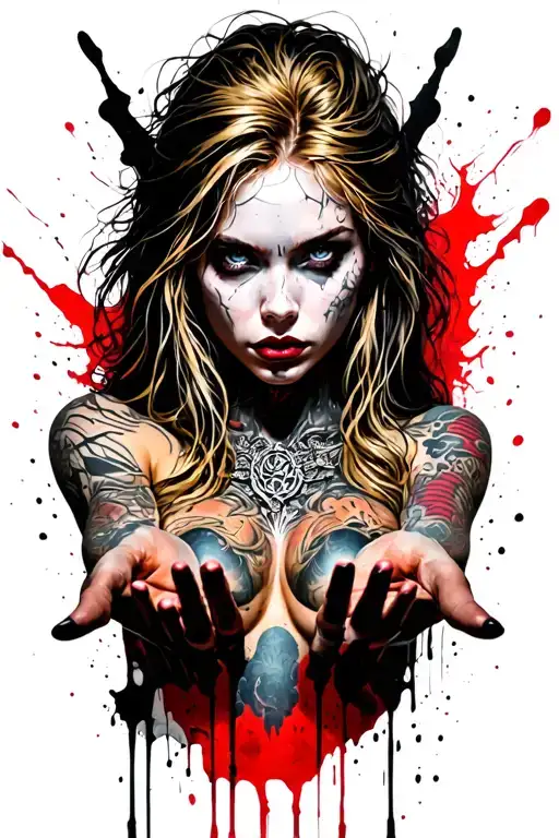 sexy pale women warrior with body tattoos. full body. messy long blond hair, seductive look, offering hands towards  tattoo design idea