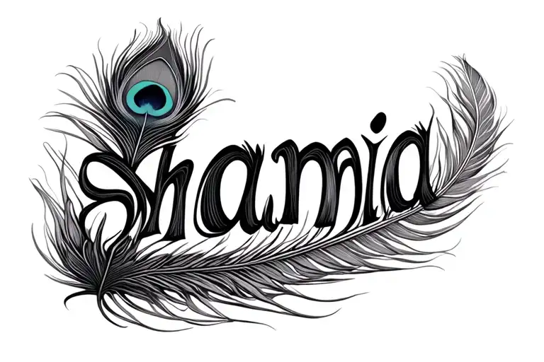 the word "shamia" surrounded by peacock feather tattoo design idea