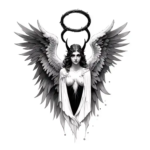 seraphim angel with a devil and angel side halo and horns tattoo design idea