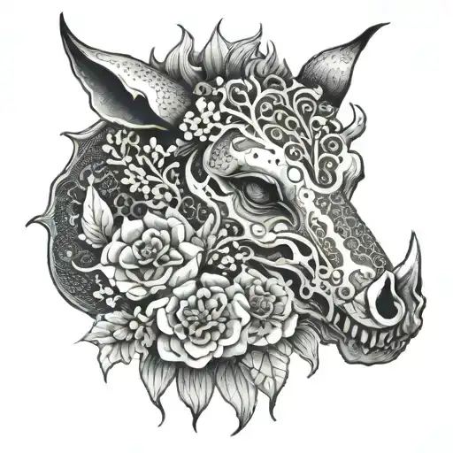Japanese flowers boar skull tattoo design idea
