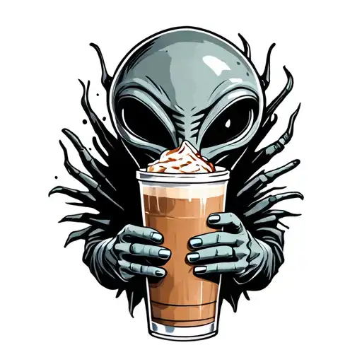 alien holding iced coffee tattoo design idea