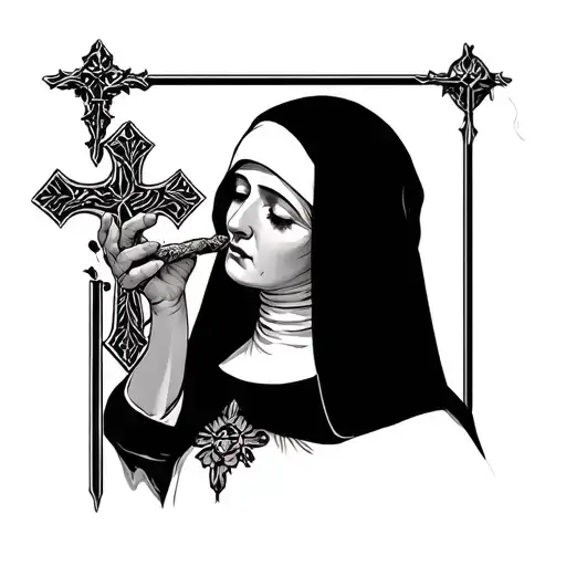 The nun with a chokir is smoking on the neck, hold on to the chest from the bottom of the cross tattoo design idea