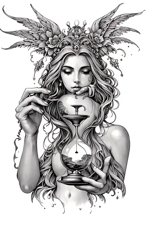 Nyx goddess holding a hourglass tattoo design idea