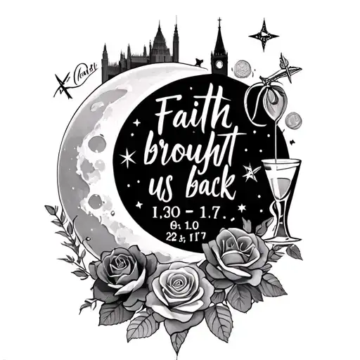 "Faith brought us back" moon, Aries & Libra stars, London skyline, cocktail glass, rings, roses, compass, initials I & F, dates 22.01.17, 14.10. tattoo design idea