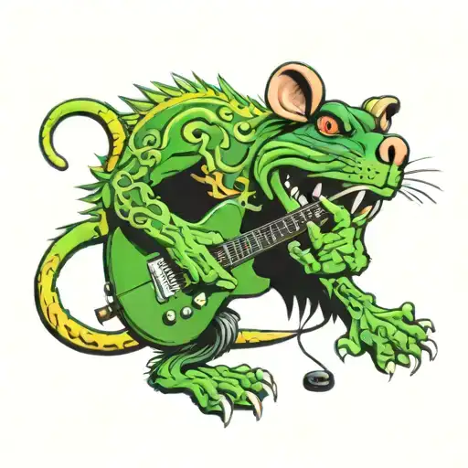 rat fink playing guitar in front of a green guitar amp tattoo design idea