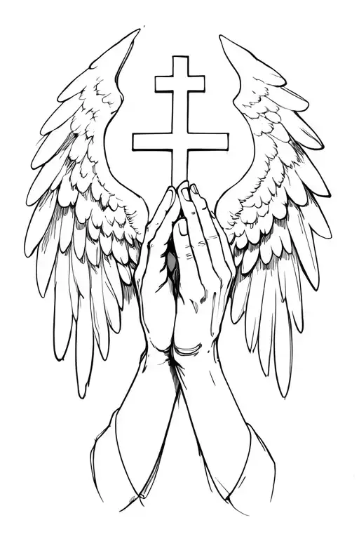 Praying hand with cross and wings spread tattoo design idea