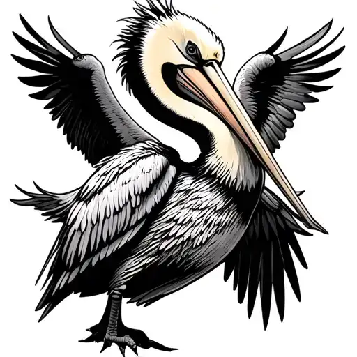 scary angry pelican wings open flying at me tattoo design idea