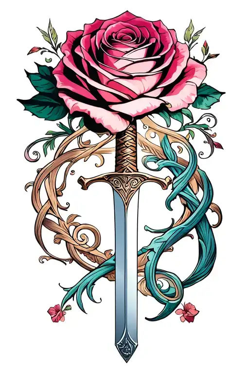 A beautiful and intricate design of the Beauty and the Beast enchanted rose intertwined with the Mulan family sword tattoo design idea