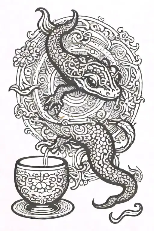 salamander in front of mandala and wine cup tattoo design idea