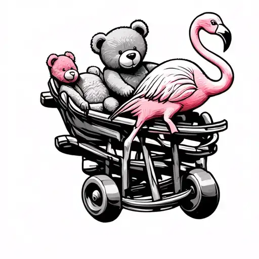 teddy bear and flamingo riding roller coaster tattoo design idea