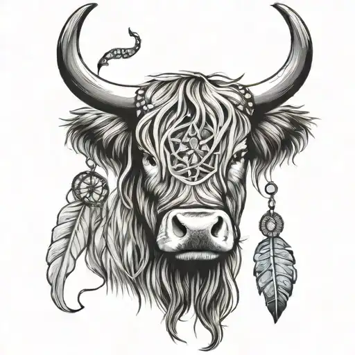 highland cow head and dream catcher entangled tattoo design idea