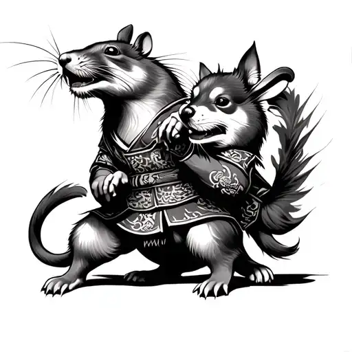 samurai rat fighting Chinese dog sitting tattoo design idea