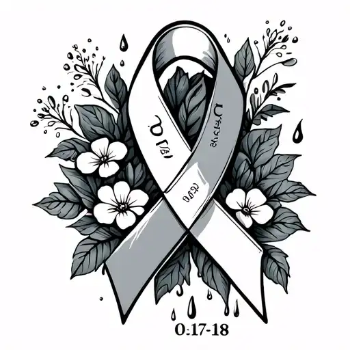 rainy cancer ribbon with date 01-17-18 and tiny flowers  tattoo design idea