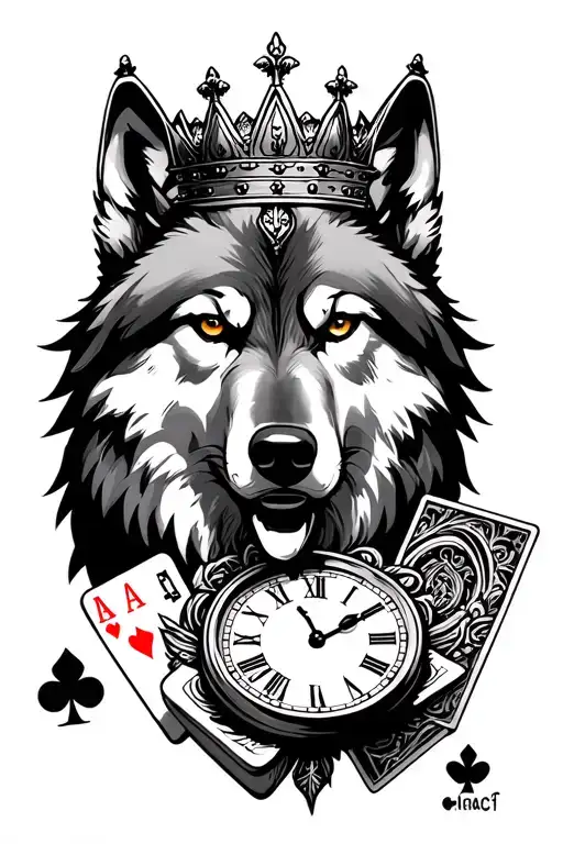 lone wolf wearing a crown with a time clock and ace of cards tattoo design idea