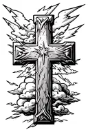 square stone cross with clouds and lightning bolts  tattoo design idea