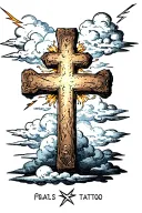 square stone cross with clouds and lightning bolts  tattoo design idea