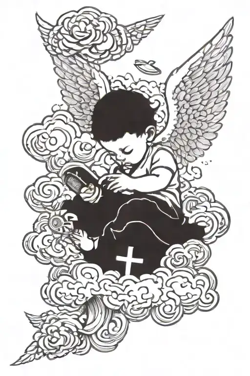 baby angel on the  above him clouds  with the written under "life or death brothers are forever" tattoo design idea