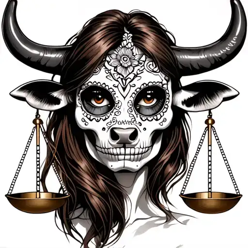 woman bull with sugar skull markings, brown eyes, brown hair and two Libra scales.  tattoo design idea