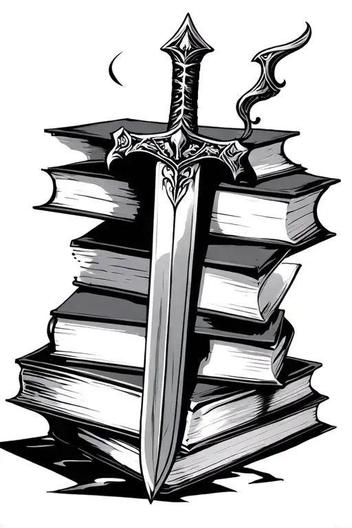 Sword stabbing open book stacked on closed books tattoo design idea