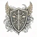 shield with viking warhammers crossed on it, crossed swords behind the shield and spread angels wings on either side tattoo design idea