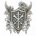 shield with viking warhammers crossed on it, crossed swords behind the shield and spread angels wings on either side tattoo design idea