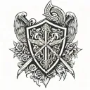 shield with viking warhammers crossed on it, crossed swords behind the shield and spread angels wings on either side tattoo design idea