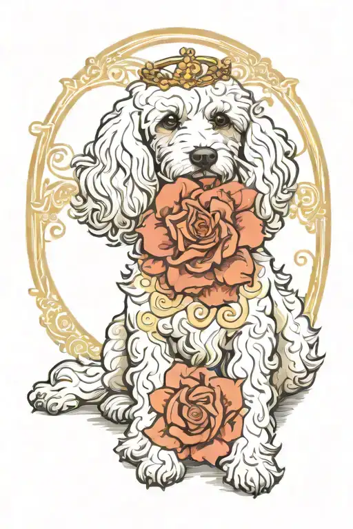 maltese poodle mix dog, white and creme dog hair, angel halo, art noveau style, pastel colors tattoo design idea