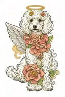 maltese poodle mix dog, white and creme dog hair, angel halo, art noveau style, pastel colors tattoo design idea