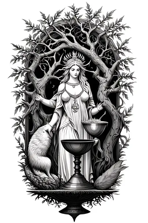 Goddess circe with fox and willow tree intertwined, chalice tattoo design idea
