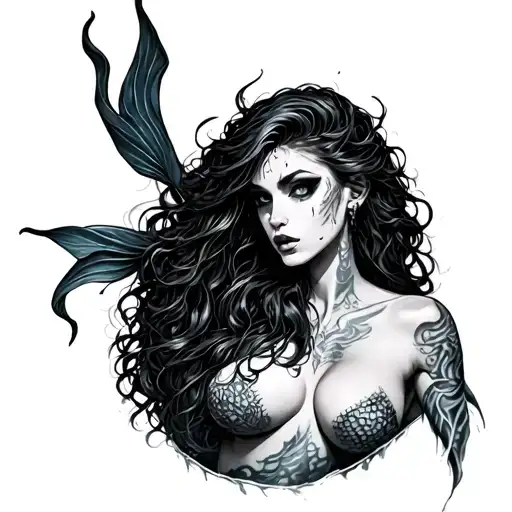 evil mermaid topless with nipple piercings sexy nightmare tattoo design idea