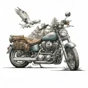 A surreal combination of motorcycles and cars morphing into natural elements like trees and mountains tattoo design idea