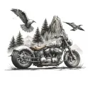 A surreal combination of motorcycles and cars morphing into natural elements like trees and mountains tattoo design idea