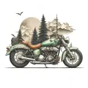 A surreal combination of motorcycles and cars morphing into natural elements like trees and mountains tattoo design idea