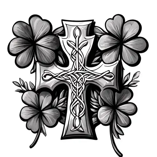 A Celtic cross with buying four leaf clover’s running through it and mixed some sort of Native American into it as well tattoo design idea