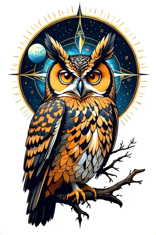 realistic great horned owl perched on tree of life branch with golden aura, indigo background with planets, compass tattoo design idea