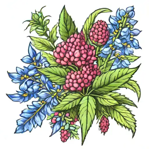 a full bluebonnet flower Sorrounded by raspberries. masculine. maksure the two main images are distinctly different ibej tattoo design idea
