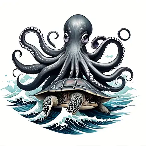 octopus on top turtle on bottom with Japanese waves tattoo design idea