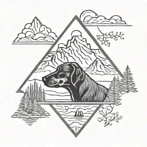 feminine, Dainty, minimalist, memorial dog tatto mountain scene, playing tattoo design idea