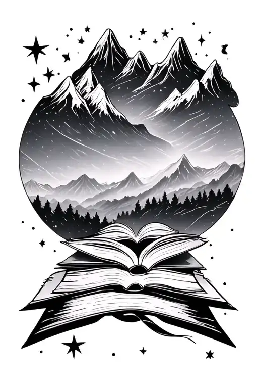 Fantasy and Romance with books and mountains and stars tattoo design idea