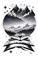 Fantasy and Romance with books and mountains and stars tattoo design idea
