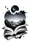 Fantasy and Romance with books and mountains and stars tattoo design idea