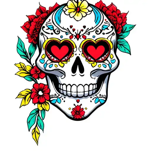 White sugar skull tattoo; heart eyes; red/blue/yellow flourishes; symmetrical; clean stencil; no background; no fabric. tattoo design idea